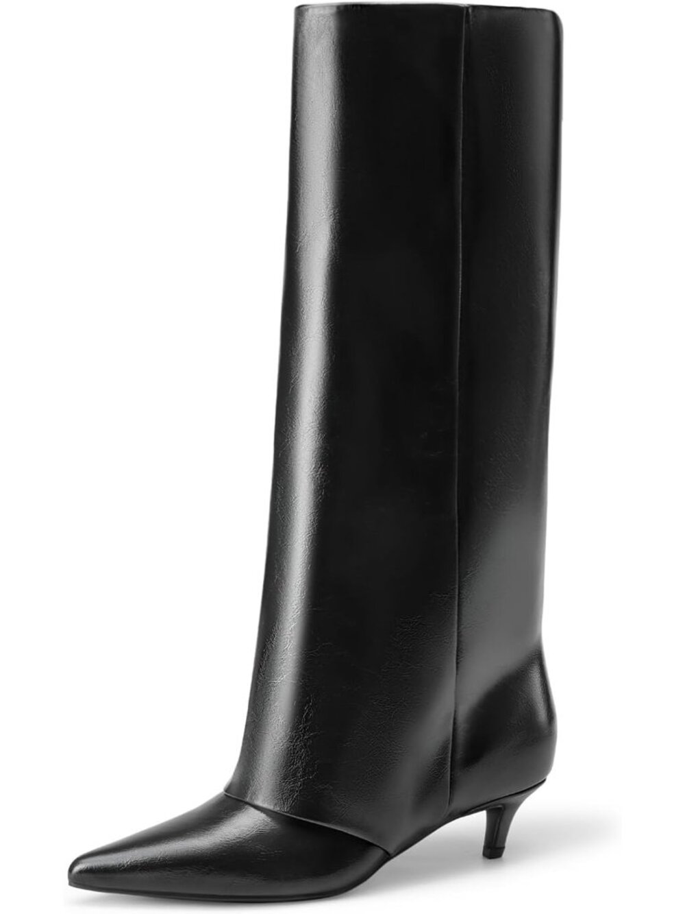 DREAM PAIRS Women Black-oily Fold Over Knee High Boots Pointed Toe Kitten Heels